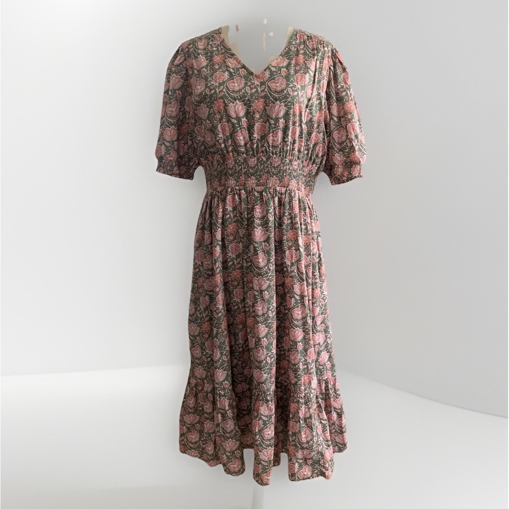 Downeast Modest Floral Tiered Ruffle Dress Smocked Waist L